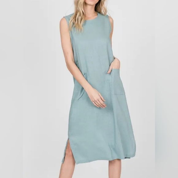 #32 SALE 🛑S,L Linen Blend Front Pockets Sleeveless Midi Dress - Picture 11 of 11